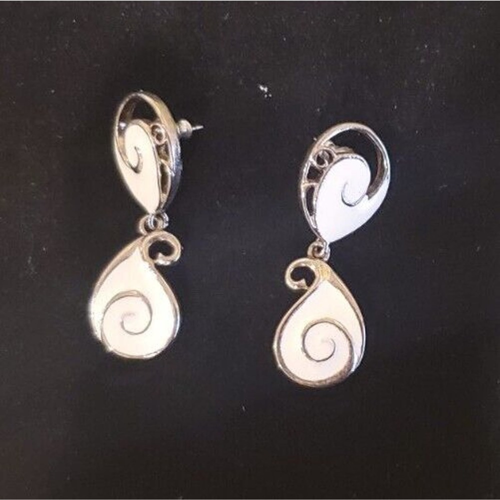 Vintage Don-Lin Dangling Teardrop Silver Toned White Enamel Pierced Earrings